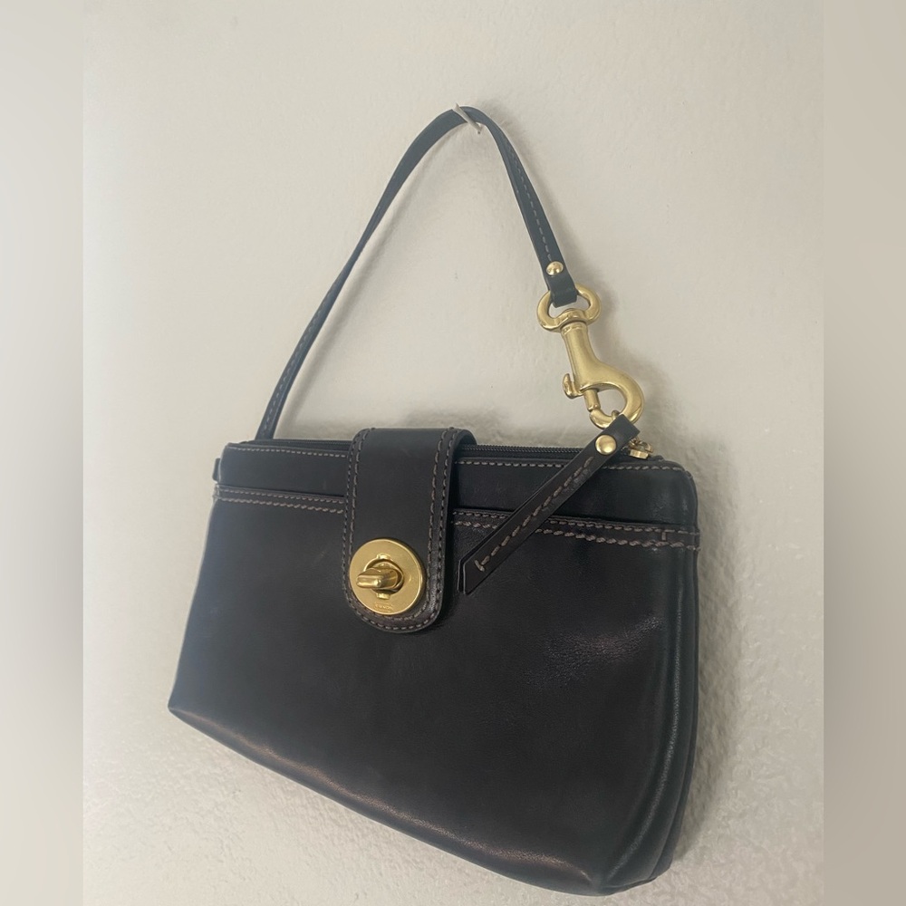 COACH Vintage Black Leather Front Flap‎ Turn Lock pocket Clutch Wristlet